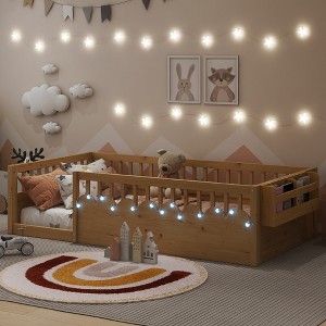 Zeus & Ruta Natural Wood Floor Bed Frame with High Rails, Built-In Light & Storage Shelf for Kids - 1 of 4
