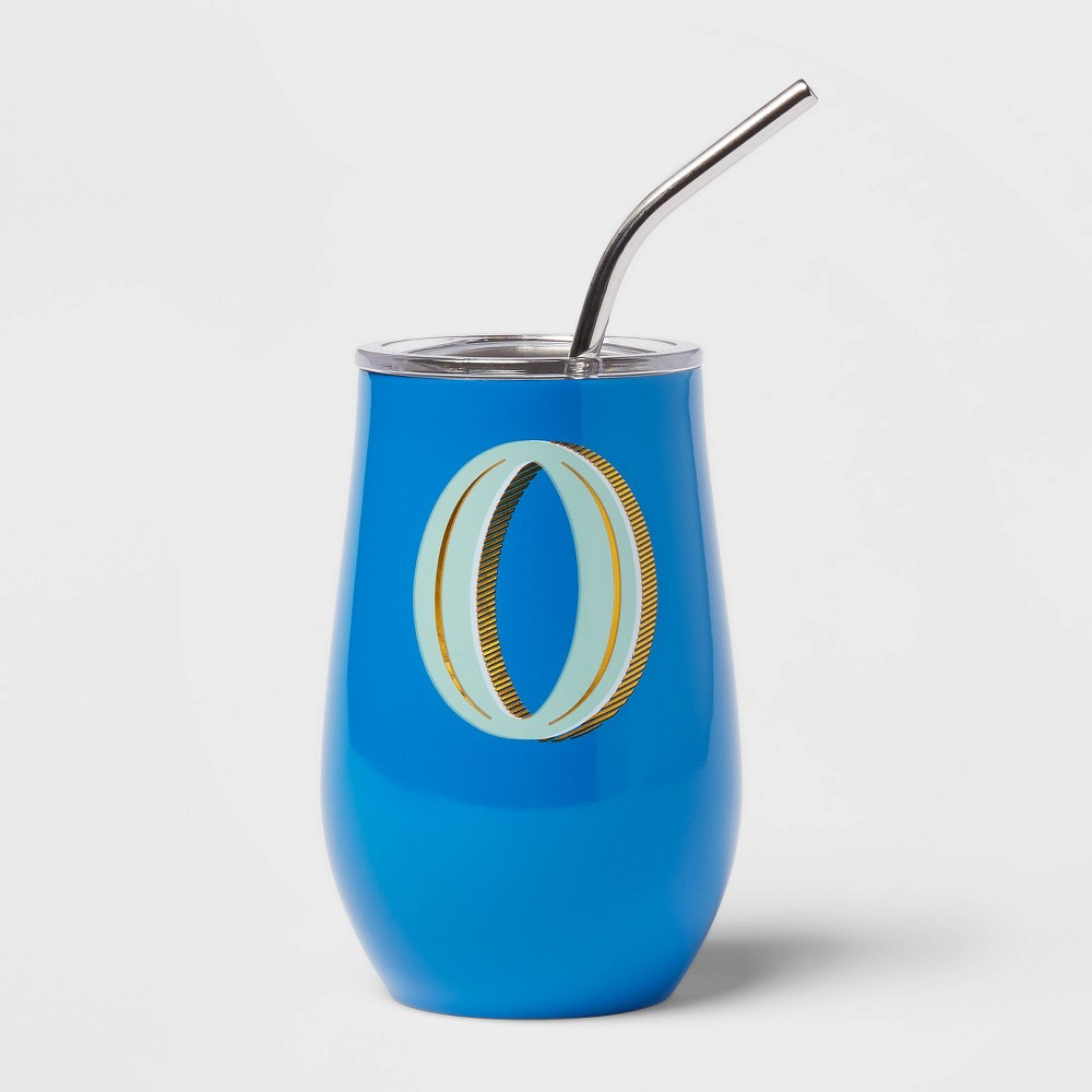 11.8oz Stainless Steel Monogram Wine Tumbler with Straw O Blue - Opalhouse