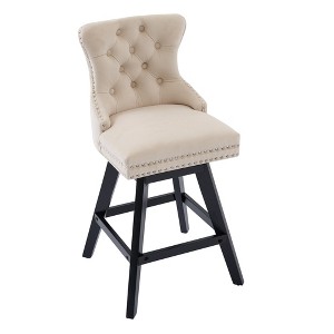 Gulches Beige Velvet Button Tufted Swivel Barstool Set of 2 Chrome Nailhead Rubber Wood Legs 360 Degree Curved Back Counter Height 300 lb - 1 of 4