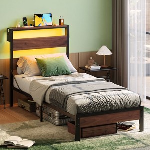 Bestier Twin Bed Frame with LED Lights & Charging Station - High Headboard, Under-Bed Storage, Noise-Free, Easy Assembly - 1 of 4