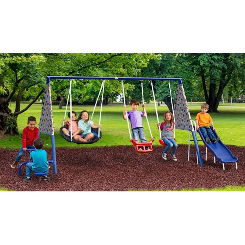 XDP Recreation Freedom Fun Metal A-Frame Kids Outdoor Swing Set 7 Child Capacity Backyard Playground Toy Set with Slide, 3 Swing Types, and See-Saw, 3 of 7