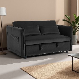 55" Velvet 3-in-1 Convertible Loveseat Sofa Bed with Storage & Pillows - 1 of 4