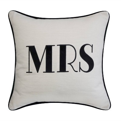 17"x17" 'Mrs' Embroidered Poly Linen Square Throw Pillow Cream - Edie@Home