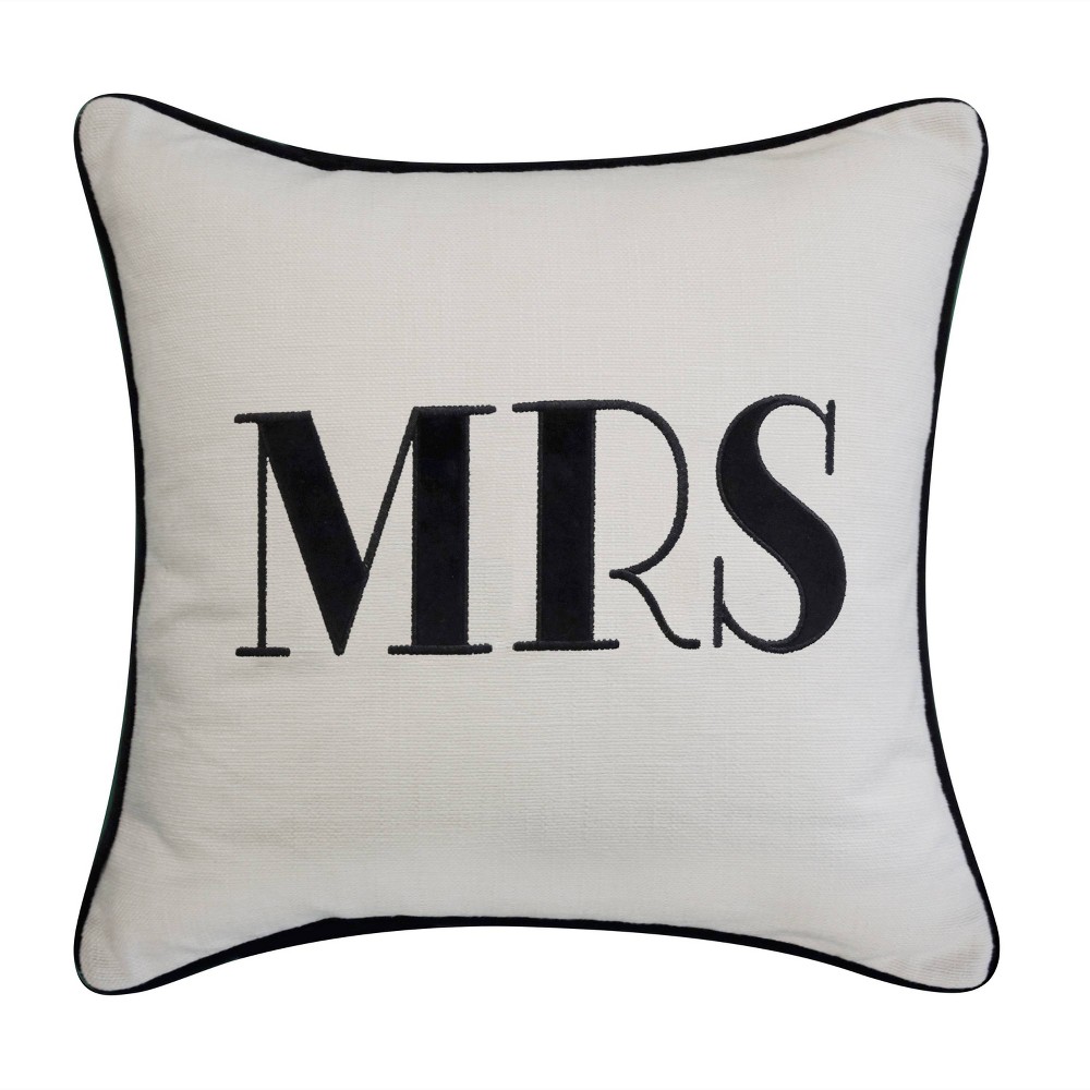 Photos - Pillow 17"x17" 'Mrs' Embroidered Poly Linen Square Throw  Cream - Edie@Home
