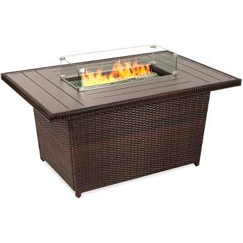 Best Choice Products 52in Wicker Propane Gas Fire Pit Table 50,000 BTU w/ Glass Wind Guard, Tank Holder, Cover