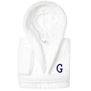Personalized Linum Kids 100% Polyester SUPER PLUSH Double Brushed Hooded Bathrobe in Navy Bookman Font - 1 of 3