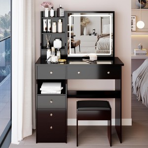 Okak 37IN Vanity Table with Cushioned Stool, Makeup Vanity with Large Sliding and Touch Control Mirror, Ample Vanity Desk for Large Space - 1 of 4