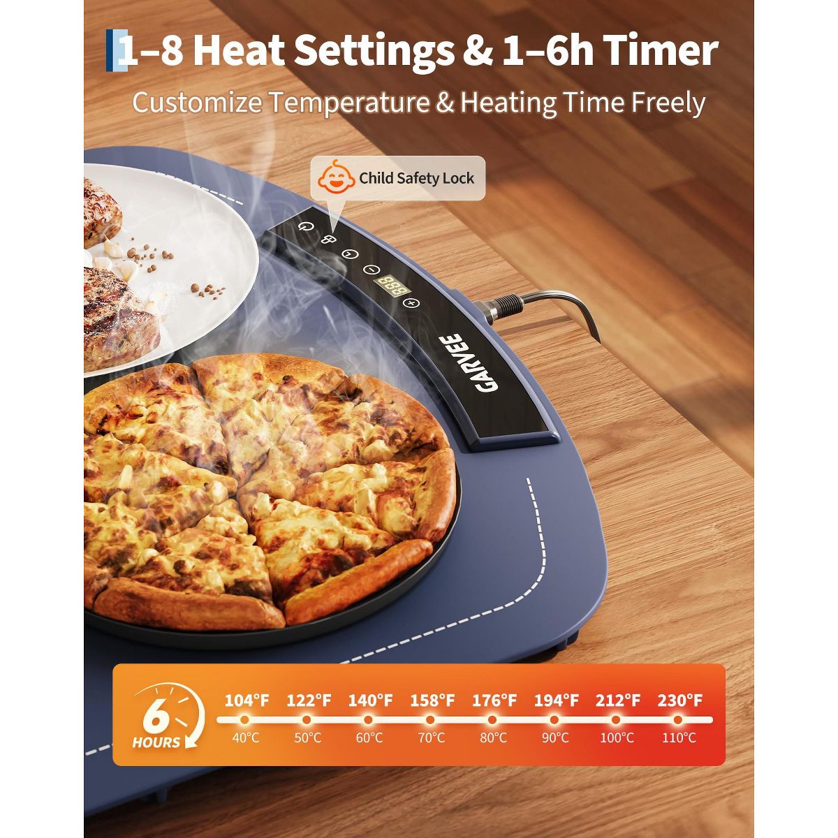 Garvee 26"x16" Electric Food Warming Mat – 8 Temps, 6H Timer, 250W, Child Lock, Auto Shut-Off – Rollable Silicone Warmer for Kitchen, Buffet, Parties - thumbnail 2
