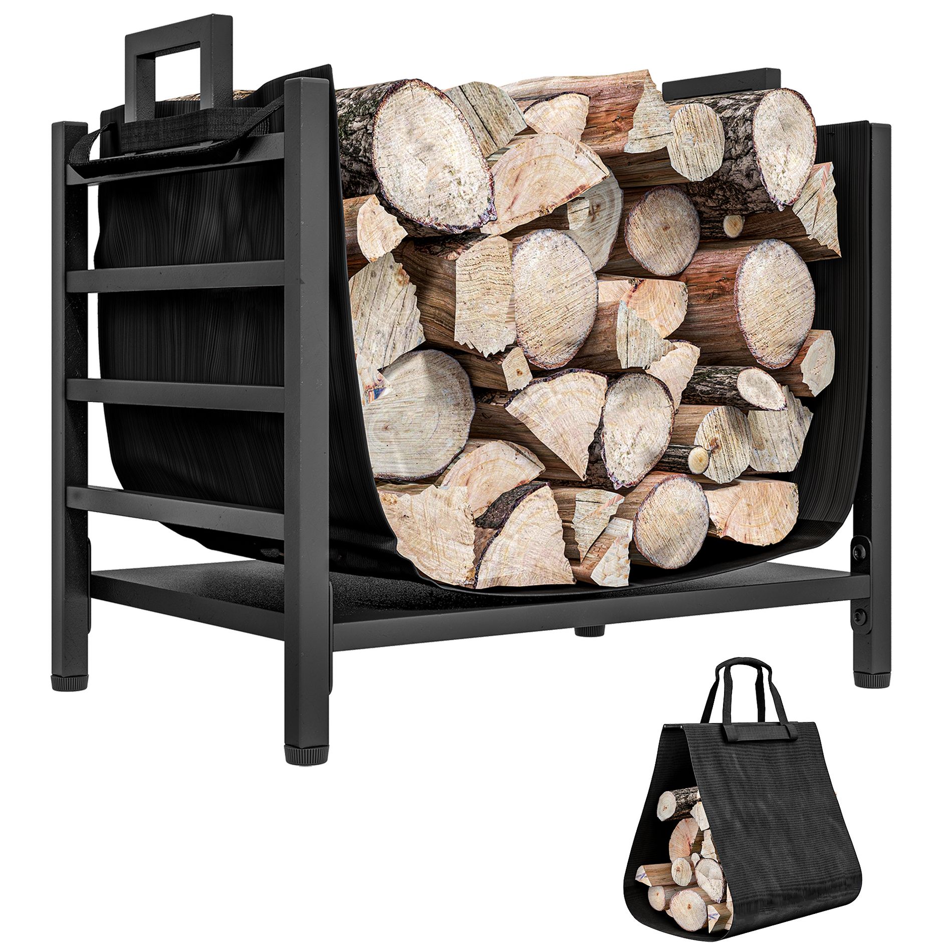 Outsunny Firewood Rack with Log Carrier, Heavy Duty Wood Storage Rack with Handles, Indoor Outdoor Log Holder, 19.3" x 13.4" x 17.3", Black