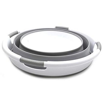 Collapsible Round Gray and Blue Plastic Laundry Basket with Wheels