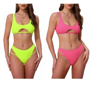 INSPIRE CHIC Women's Ribbed Scoop Neck Top Triangle Bottom Swimwear Bikini Suits 2 Sets - 1 of 4