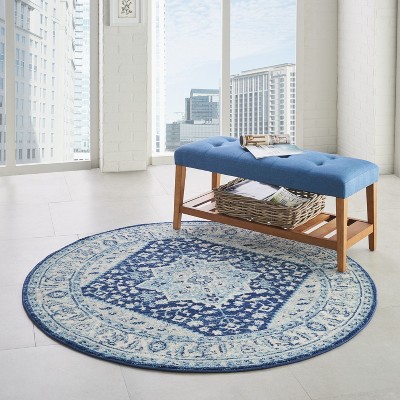 Ivory & Navy Vintage Kashan Round Area Rug, 5'3" Easy-Care Viscose