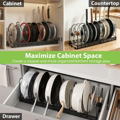 Garnen Pots and Pans Organizer Under Cabinet Kitchen Organizer, Expandable 11.8"-22.8" Adjustable Pan Rack Pot Lid Organizer Kitchen Storage, Black — фото 5