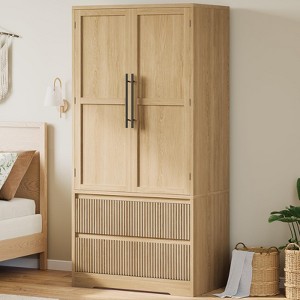 GustoWave Bedroom Wooden Armoire Wardrobe Closet, Wardrobe Armoire Cabinet with Wood Doors and Drawers,Freestanding Cabinet with Shelves & Hanging Rod - 1 of 4