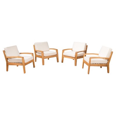 Grenada 4pk Wooden Patio Club Chairs w/ Cushions - Beige - Christopher Knight Home