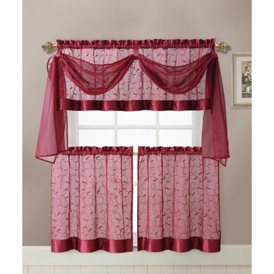Kate Aurora Complete 4 Piece Linen Leaf Embroidered Complete Kitchen Curtain Set