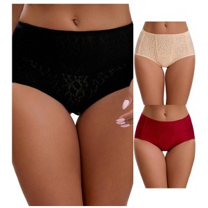 INSPIRE CHIC Women's Floral Lace Breathable Comfortable Mid Rise Underwear Briefs 3 Packs - 1 of 4
