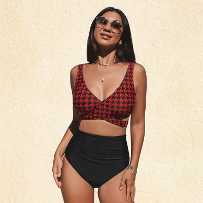 Women's Houndstooth Print Swim Top & Ruched High Rise Bikini Bottom Two-Piece Bikini Sets - Cupshe