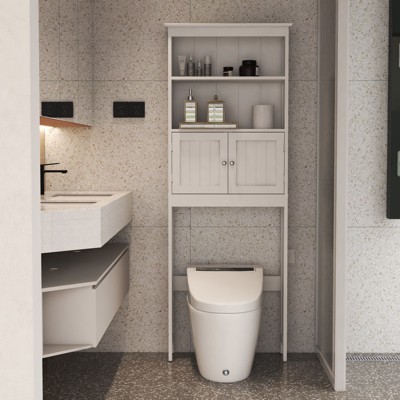 VYNXARIA Over The Toilet Rack 2 Tier Toilet Bathroom Spacesaver Storage Shelf with 2 Doors Wood Storage Organizer Cabinet, Freestanding Shelf-White
