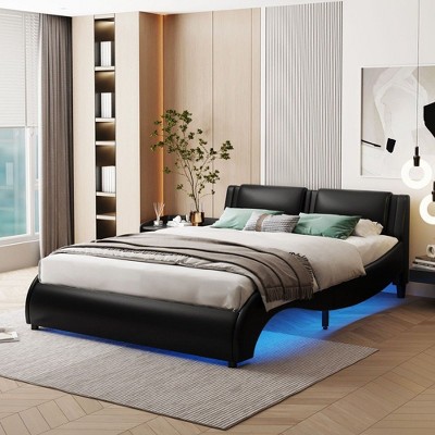 CAVINAS Platform Bed with LED Light,Faux Leather Bed Frame,Box Spring Not Required,Assembly Required,White/Black