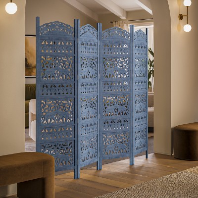 Royal Hampton Jumbo 4 Panel Folding Mango Wood with Elephant Motif Carved Design Room Divider Screen
