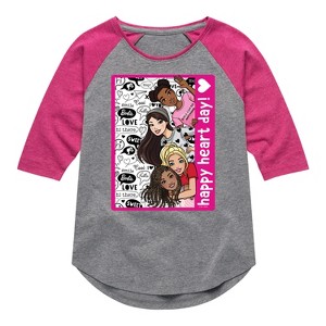 Girls' - Barbie - Happy Heart Day Shirt Tail Raglan Graphic T-shirt - 1 of 3