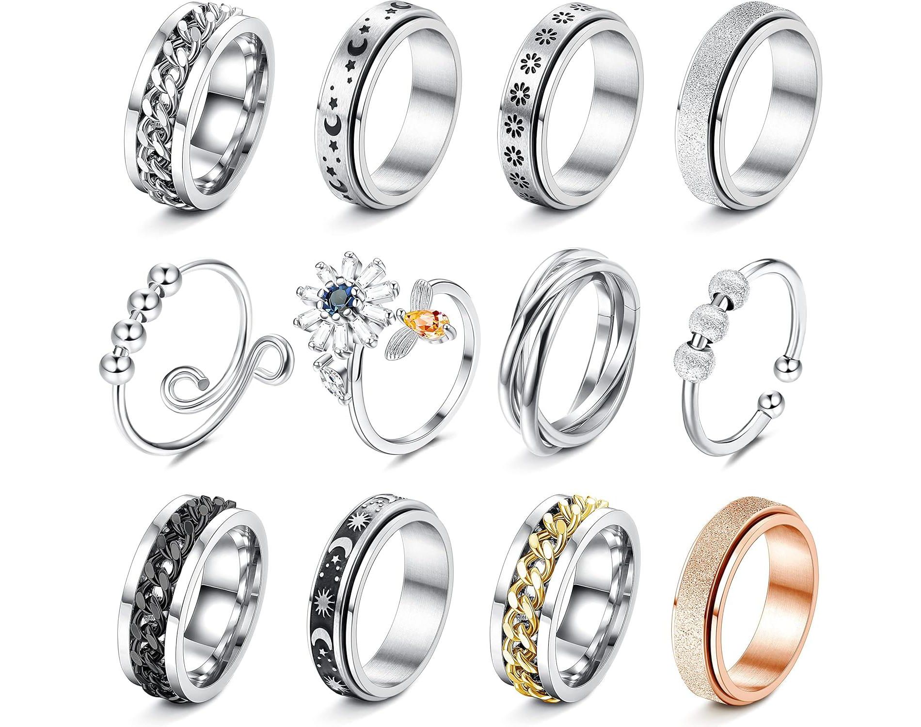 12Pcs Fidget Anxiety Rings for Women Men - Spinner Fidget Rings for Anxiety Relieving Stress