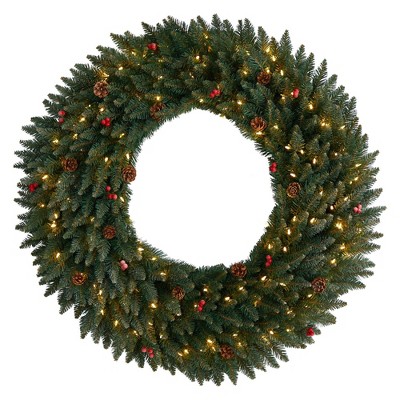 Nearly Natural 4’ Large Flocked Wreath with Pinecones, Berries, 150 Clear LED Lights and 400 Bendable Branches