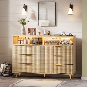 54" Wide Fluted 6 Drawer Dresser with LED Lights & Charging Station, Modern  Wood Dresser with Open Shelf and Golden Handles for Bedroom-Oak : Target