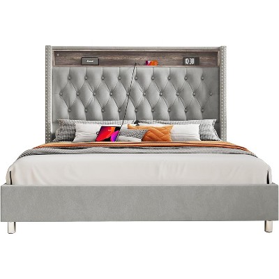 LED Frame with 53.2" Storage Headboard,USB Ports,No Box Spring Needed