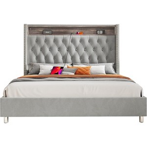 LED Frame with 53.2" Storage Headboard,USB Ports,No Box Spring Needed - 1 of 4