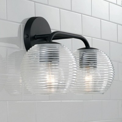 Matte Black 2-Light Vanity with Clear Ribbed Glass Shades