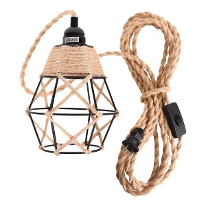 DORESshop 6.29 in. 1-Light Black Geometric Shaded Retro Plug-in Hand Woven Hemp Pendant Light with On/Off Switch for Dining Room - 1 of 4