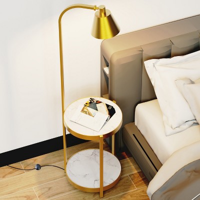 Modern Tall Standing Living Room Floor Lamp with 2-tier End Side Tables Storage Shelves Accent Light 90°Rotation Golden Iron Frame for Bedroom Offices
