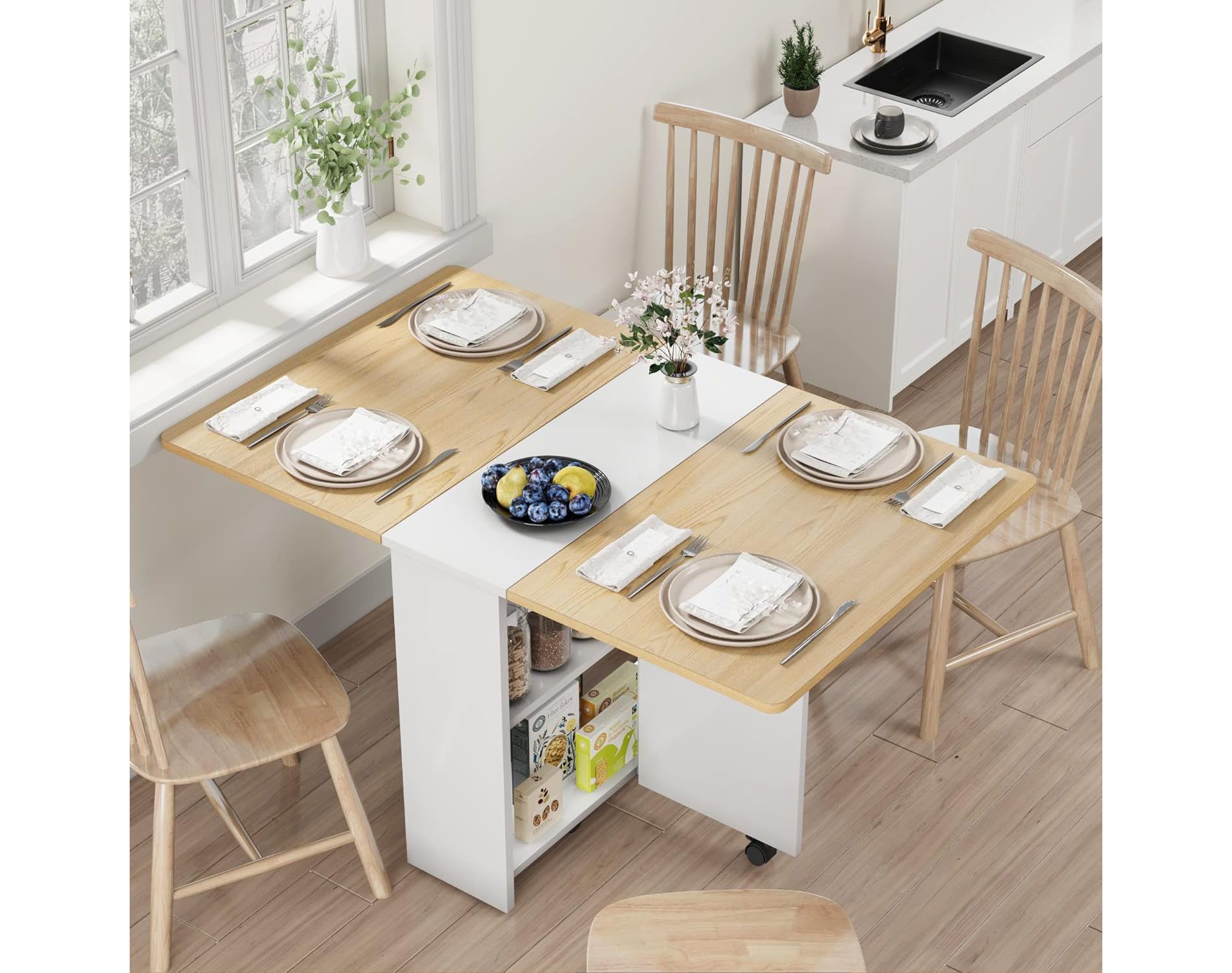 Folding Dining Table, Drop Leaf Dining Table with 6 Wheels and 2-Layer Storage Shelf, Space Saving Dining Table