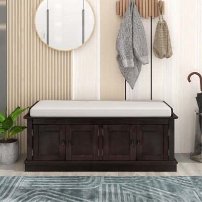 Shoe Storage Bench Soft Storage Stool With Adjustable Shelves Detachable Cushion Seat 4 Soft-Close Doors Shoe Entryway Bench For Living Room Bedroom