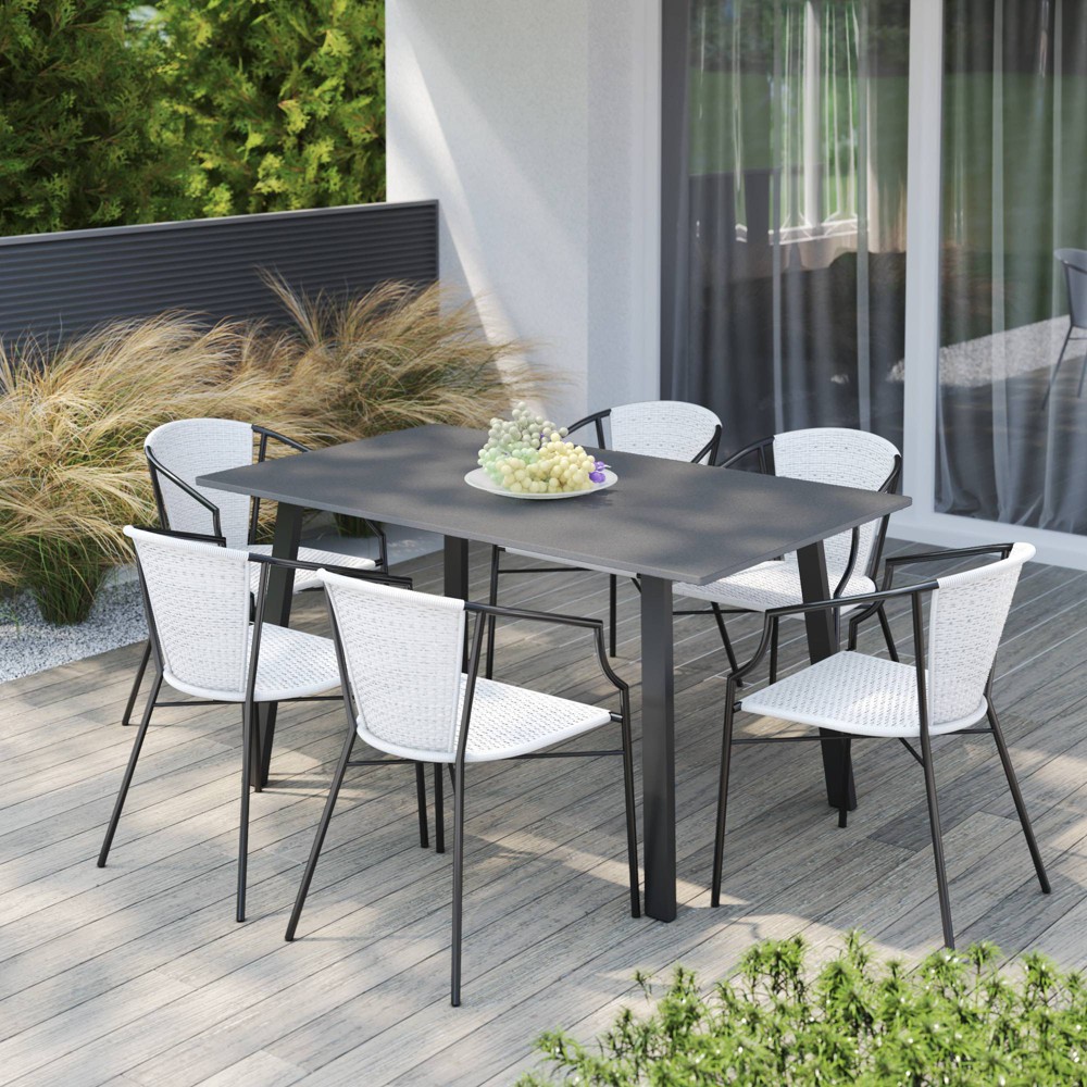 7pc Outdoor Dining Set with Wicker Arm Chairs Cream TK Classics