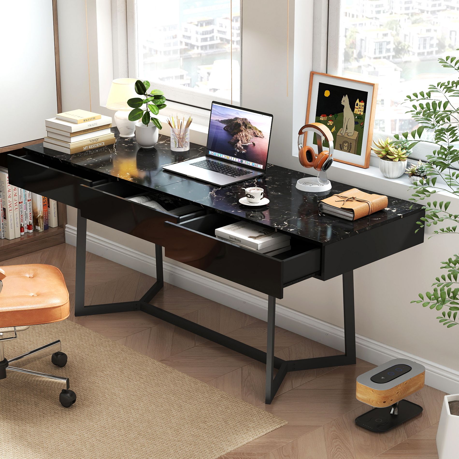ORRD Modern 70.87" Black Computer Desk with Y-Shaped Legs | Spacious Writing Study Desk for Home Office, Gaming Desk | Industrial Style Workstation