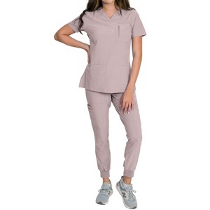 Medgear Fleur Women's Stretch Scrub Set with Zip Chest Pocket Top and Knit Rib Cuffs Jogger Pants, More Colors - 1 of 4