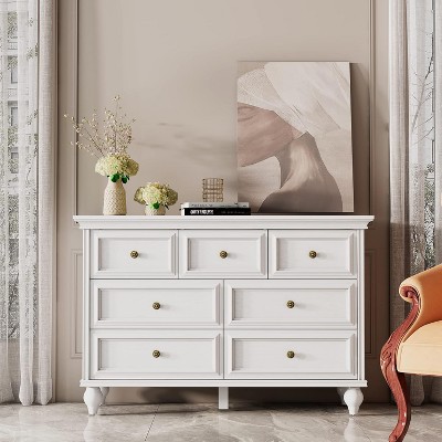 7 Drawer Dresser for Bedroom, Vintage White Chest of Drawers with Metal Handles, Farmhouse Wood Dresser Organizer Cabinet for Living Room, Bedroom