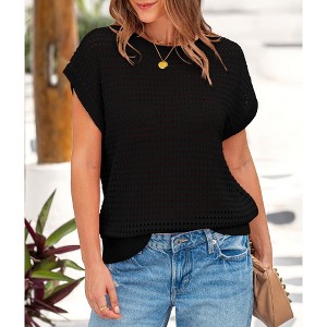 Women's Crochet Hooded Sleeve Pullover Sweater Cozy Knit Casual Tops for Daily Wear black,S - 1 of 4