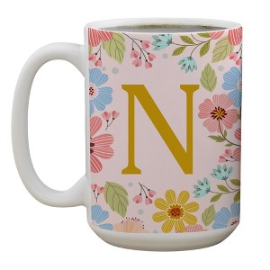 Personalization Mall Flowery Initial Personalized Coffee Mug Gold/Pink - 1 of 1