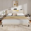 King Size Bed Frames with Upholstered Headboard Modern Platform Bed with Charging Station and Led Lights Bed Frame with Sturdy Wooden Slats Beige - 2 of 4
