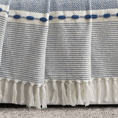 Navy and White Herringbone Stripe Cotton Throw with Tassels