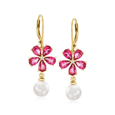 Ross-Simons 7.5-8mm Cultured Pearl and .90 ct. t.w. Pink Topaz Flower Drop Earrings With White Topaz in 18kt Gold Over Sterling