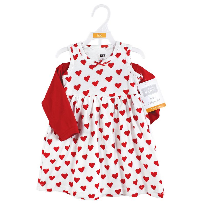 Hudson Baby Infant and Toddler Girl Cotton Dress and Cardigan Set, Red Hearts, 2 of 6