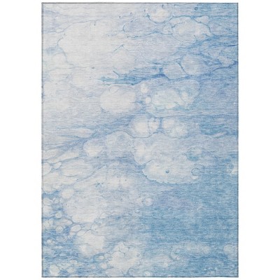 Sky Blue Denim Blue And Silver Abstract Washable Indoor Outdoor Area Rug