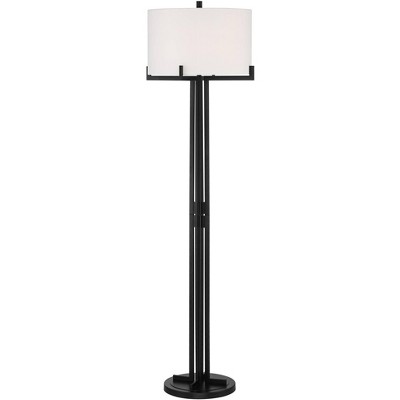 Possini Euro Design Modern Industrial Floor Lamp Matte Black Metal White Linen Drum Shade for Living Room House Bedroom Office