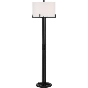 Possini Euro Design Madrid Modern Industrial Floor Lamp 64" Tall Matte Black Metal White Linen Hardback Drum Shade for Living Room Bedroom Office Home - 1 of 4