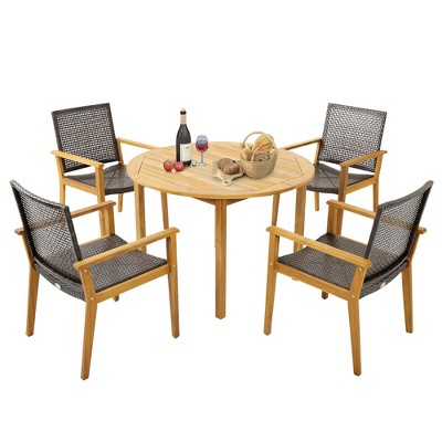 Tangkula 5 PCS Patio Dining Set Round Acacia Wood Table 4 Wicker Armchairs Outdoor Garden
